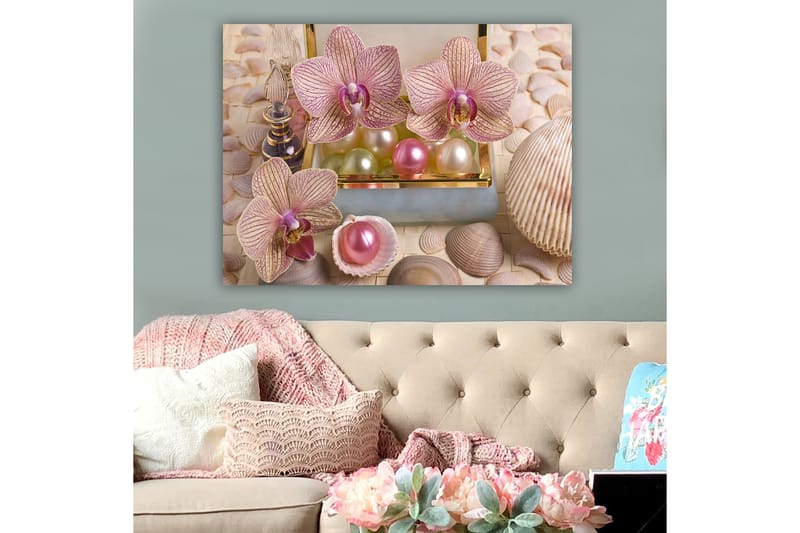 Lerretsbilde 70x100 cm - Vakre orkideer og perler i en elegant eske - Lys rosa / Grønn / Perlehvit - Innredning - Bilder & kunst - Lerretsbilder