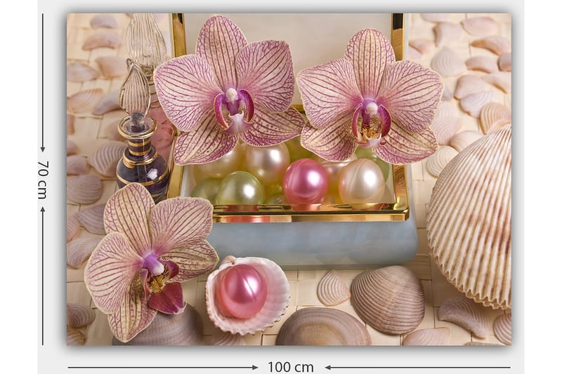 Lerretsbilde 70x100 cm - Vakre orkideer og perler i en elegant eske - Lys rosa / Grønn / Perlehvit - Innredning - Bilder & kunst - Lerretsbilder