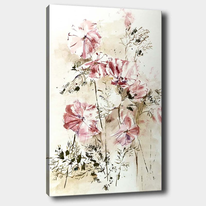 Lerretsbilde 70x100 cm - Vakre rosa blomster i en myk og romantisk komposisjon, Rosa / Beige / Grønn