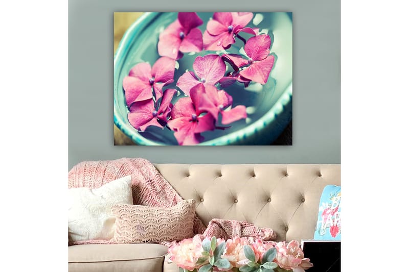 Lerretsbilde 70x100 cm - Vakre rosa blomster som flyter i en turkis bolle, Rosa / Turkis