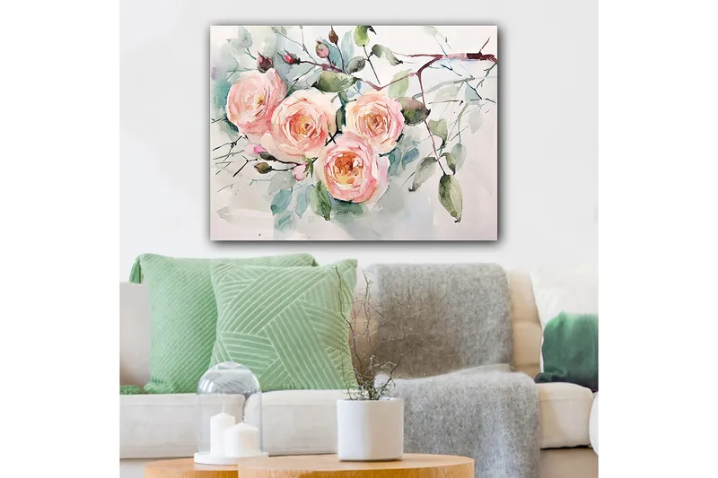 Lerretsbilde 70x100 cm - Vakre roser i pastellfarger som blomstrer med grøntområder rundt - Lys rosa / Grønn / Gul - Innredning - Bilder & kunst - Lerretsbilder