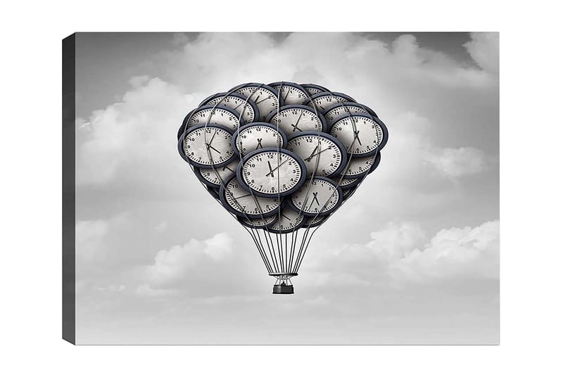 Lerretsbilde 70x100 cm - Varmluftsballong formet av bjeller som svever i en drømmeaktig himmel - Grå / Svart / Hvit - Innredning - Bilder & kunst - Lerretsbilder