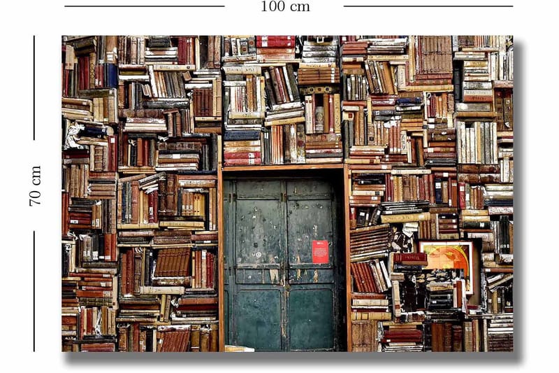 Lerretsbilde 70x100 cm - Vegg dekket av bøker med en dør i midten - Brun / Grønn / Rød - Innredning - Bilder & kunst - Lerretsbilder
