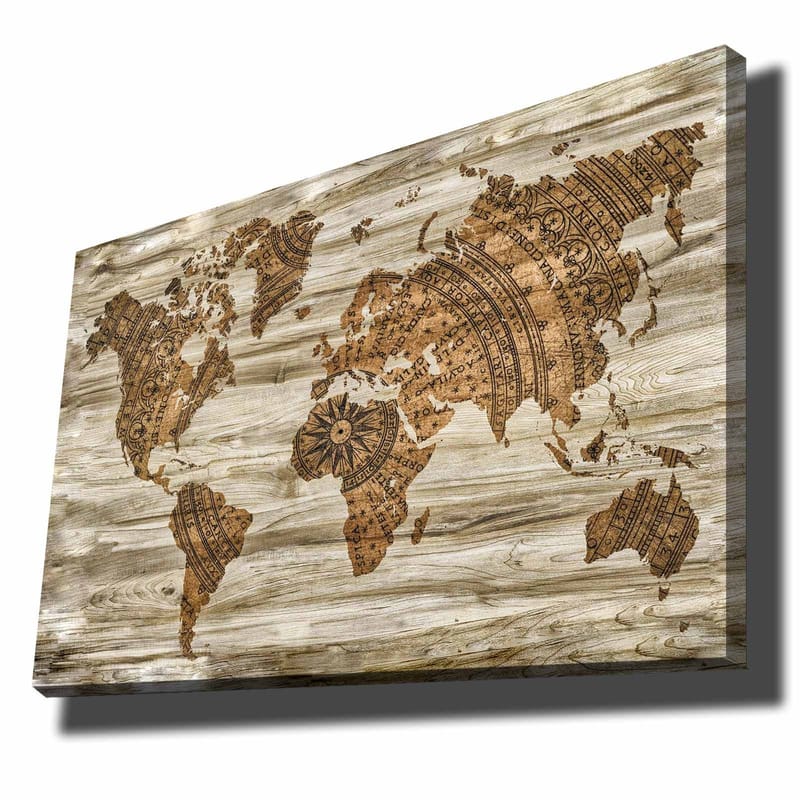 Lerretsbilde 70x100 cm - Verdenskart i et dekorativt og stilisert design med detaljerte mønstre, Brun / Beige
