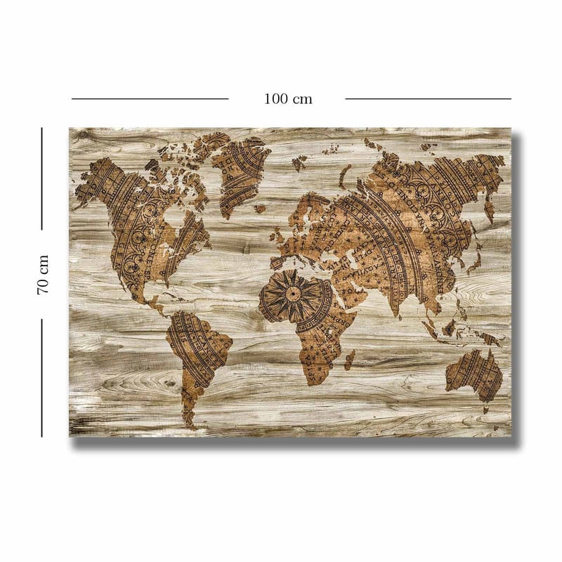 Lerretsbilde 70x100 cm - Verdenskart i et dekorativt og stilisert design med detaljerte mønstre - Brun / Beige - Innredning - Bilder & kunst - Lerretsbilder