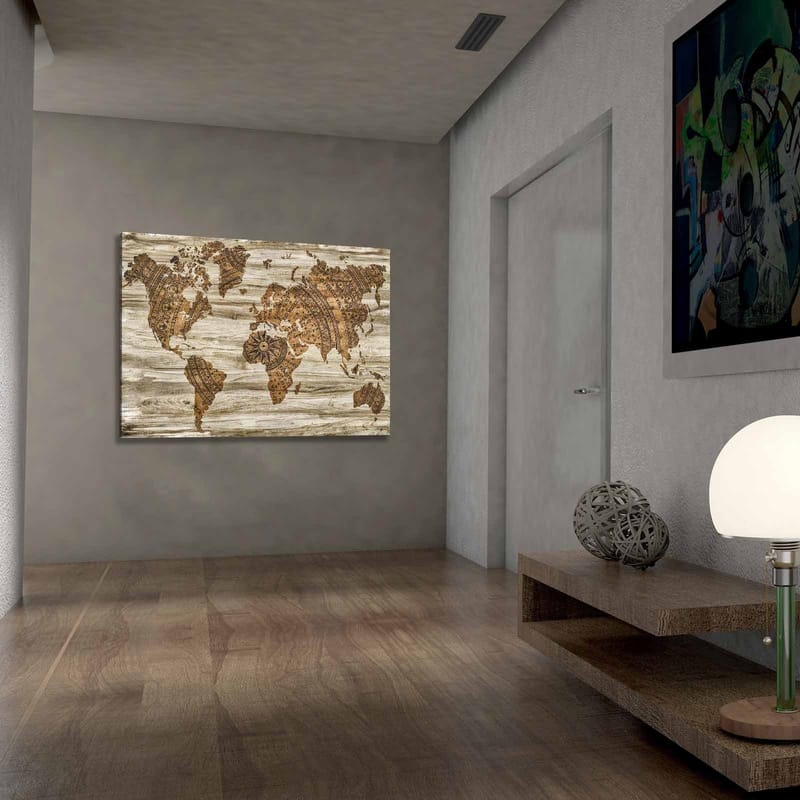 Lerretsbilde 70x100 cm - Verdenskart i et dekorativt og stilisert design med detaljerte mønstre - Brun / Beige - Innredning - Bilder & kunst - Lerretsbilder