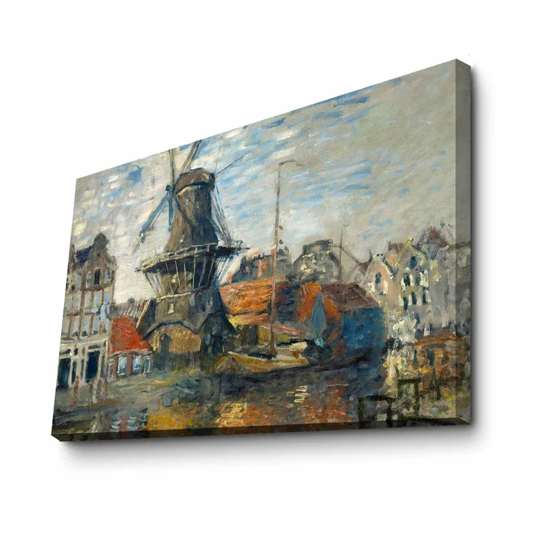 Lerretsbilde 70x100 cm - Vindmølle ved vann omgitt av pittoreske bygninger - Blå / Grønn / Oransje - Innredning - Bilder & kunst - Lerretsbilder