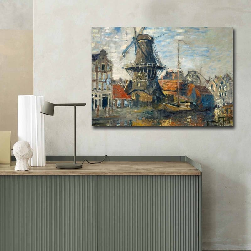 Lerretsbilde 70x100 cm - Vindmølle ved vann omgitt av pittoreske bygninger - Blå / Grønn / Oransje - Innredning - Bilder & kunst - Lerretsbilder