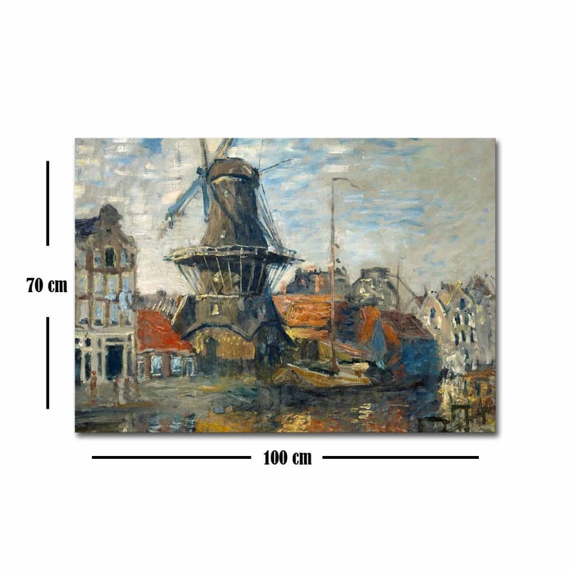 Lerretsbilde 70x100 cm - Vindmølle ved vann omgitt av pittoreske bygninger - Blå / Grønn / Oransje - Innredning - Bilder & kunst - Lerretsbilder