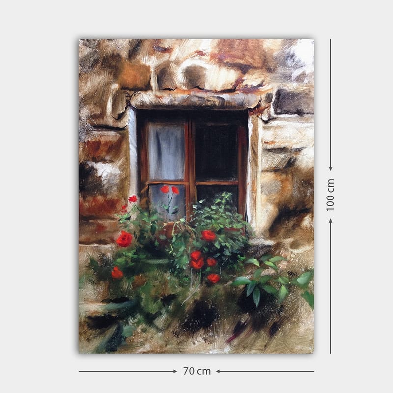 Lerretsbilde 70x100 cm - Vindu med blomsterpotte fylt med røde roser - Rød / Grønn / Beige - Innredning - Bilder & kunst - Lerretsbilder