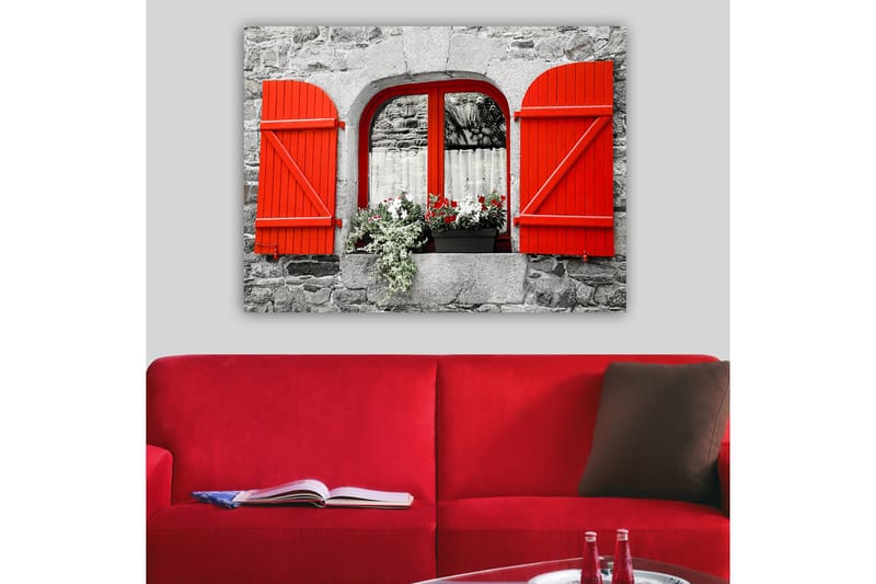 Lerretsbilde 70x100 cm - Vindu med røde skodder og blomster i en grå steinvegg, Rød / Grå