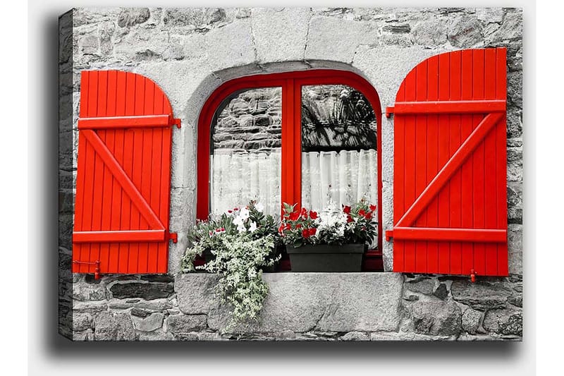 Lerretsbilde 70x100 cm - Vindu med røde skodder og blomster i en grå steinvegg - Rød / Grå - Innredning - Bilder & kunst - Lerretsbilder