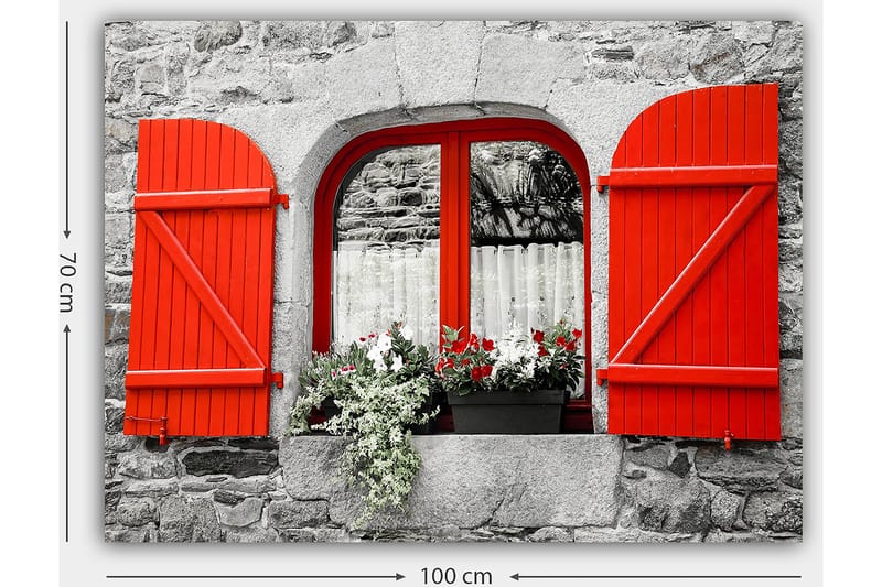 Lerretsbilde 70x100 cm - Vindu med røde skodder og blomster i en grå steinvegg - Rød / Grå - Innredning - Bilder & kunst - Lerretsbilder