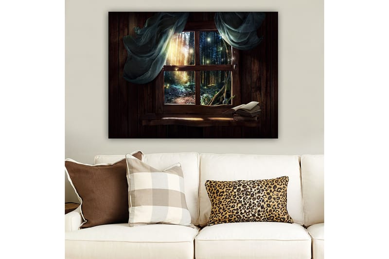 Lerretsbilde 70x100 cm - Vindusutsikt over en mystisk skog med lysstråler som siver gjennom trærne - Mørk grønn / Brun / Lys blå - Innredning - Bilder & kunst - Lerretsbilder