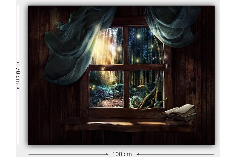Lerretsbilde 70x100 cm - Vindusutsikt over en mystisk skog med lysstråler som siver gjennom trærne - Mørk grønn / Brun / Lys blå - Innredning - Bilder & kunst - Lerretsbilder