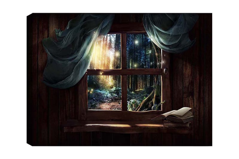 Lerretsbilde 70x100 cm - Vindusutsikt over en mystisk skog med lysstråler som siver gjennom trærne, Mørk grønn / Brun / Lys blå