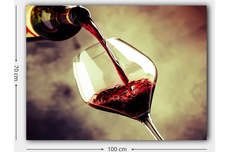 Lerretsbilde 70x100 cm - Vinflaske helles i et glass rødvin som skaper en elegant og innbydende atmosfære - Rød / Grønn / Gul - Innredning - Bilder & kunst - Lerretsbilder