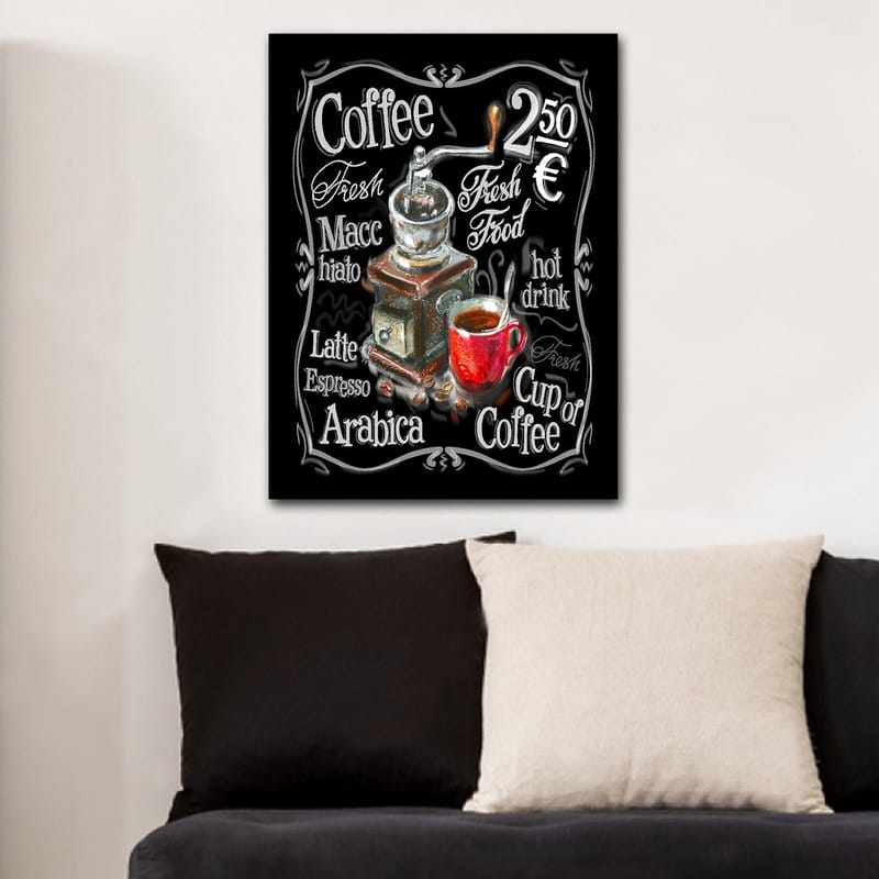 Lerretsbilde 70x100 cm - Vintage kaffekvern med en rød kopp kaffe foran - Rød / Brun / Svart - Innredning - Bilder & kunst - Lerretsbilder