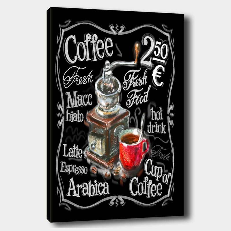 Lerretsbilde 70x100 cm - Vintage kaffekvern med en rød kopp kaffe foran, Rød / Brun / Svart
