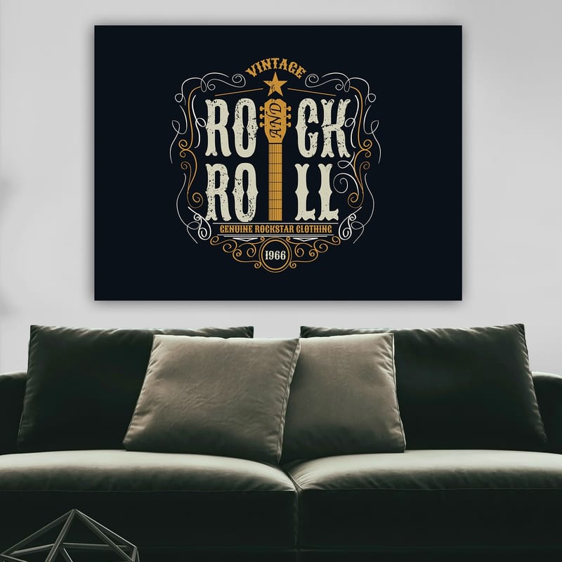 Lerretsbilde 70x100 cm - Vintage rock and roll-design med gitar og dekorative elementer - Mørk blå / Beige / Hvit - Innredning - Bilder & kunst - Lerretsbilder
