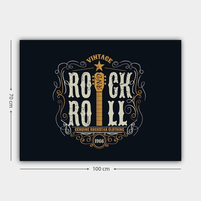 Lerretsbilde 70x100 cm - Vintage rock and roll-design med gitar og dekorative elementer - Mørk blå / Beige / Hvit - Innredning - Bilder & kunst - Lerretsbilder