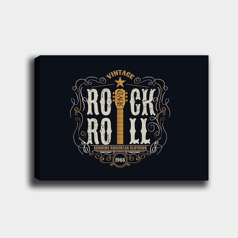 Lerretsbilde 70x100 cm - Vintage rock and roll-design med gitar og dekorative elementer, Mørk blå / Beige / Hvit