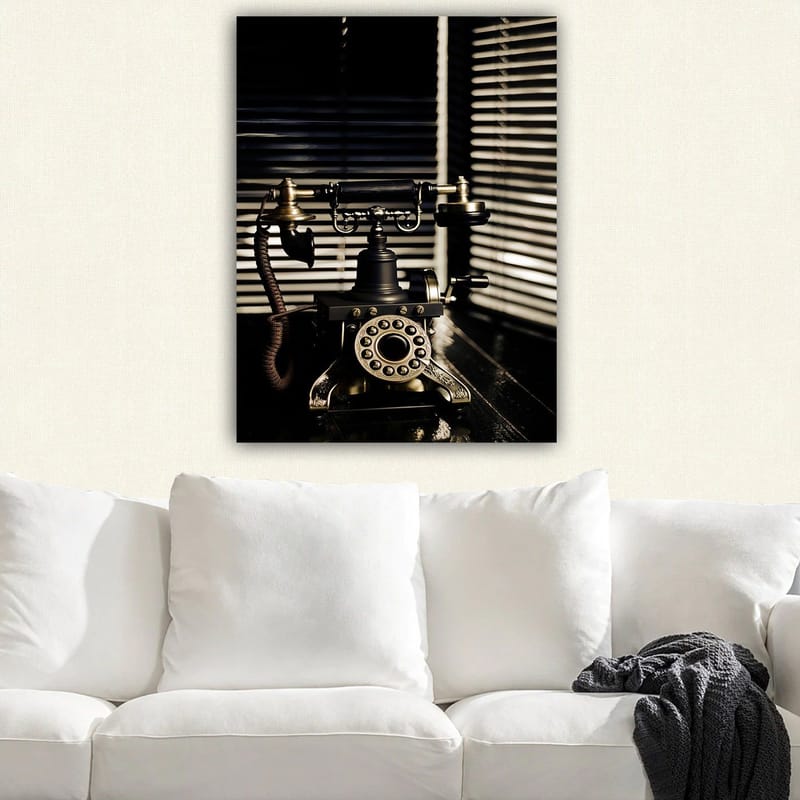 Lerretsbilde 70x100 cm - Vintage telefon med metalldetaljer og et elegant design - Svart / Gull / Brun - Innredning - Bilder & kunst - Lerretsbilder