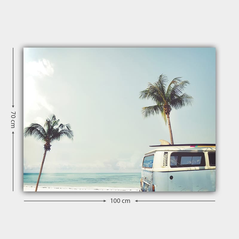 Lerretsbilde 70x100 cm - Vintage varebil på stranden med palmer og hav i bakgrunnen - Lys blå / Hvit / Grønn - Innredning - Bilder & kunst - Lerretsbilder