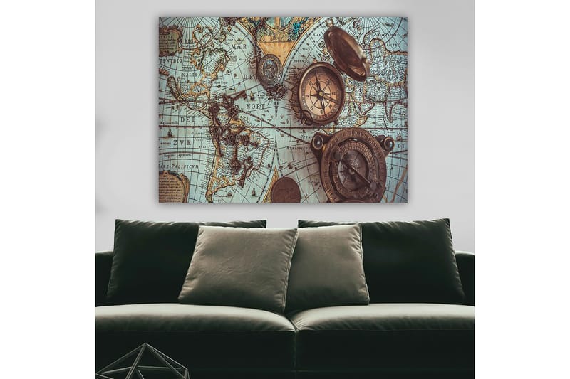 Lerretsbilde 70x100 cm - Vintage verdenskart med kompass og nøkler som hovedmotiv - Blå / Brun / Gull - Innredning - Bilder & kunst - Lerretsbilder