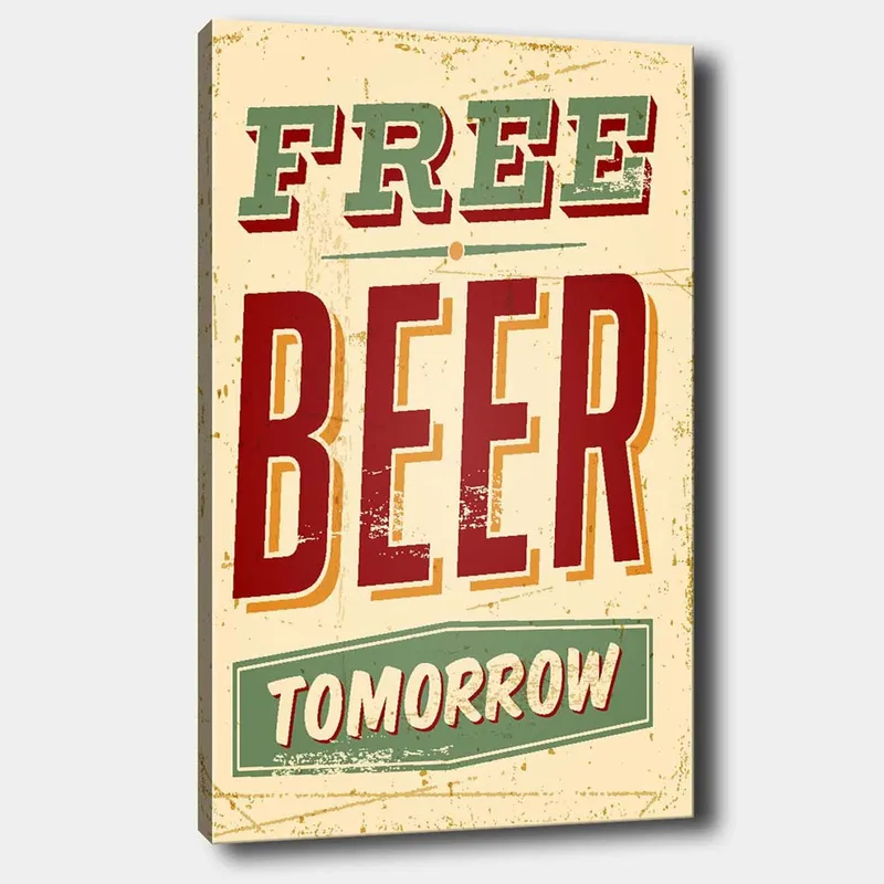 Lerretsbilde 70x100 cm - Vintage plakat med teksten FREE BEER TOMORROW i en leken og rustikk stil, Rød / Grønn / Beige