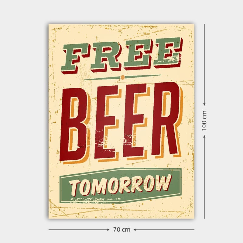 Lerretsbilde 70x100 cm - Vintage plakat med teksten FREE BEER TOMORROW i en leken og rustikk stil - Rød / Grønn / Beige - Innredning - Bilder & kunst - Lerretsbilder