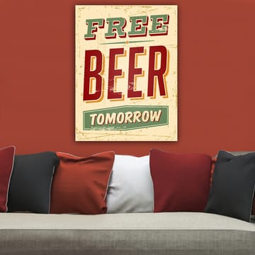 Lerretsbilde 70x100 cm - Vintage plakat med teksten FREE BEER TOMORROW i en leken og rustikk stil - Rød / Grønn / Beige - Innredning - Bilder & kunst - Lerretsbilder