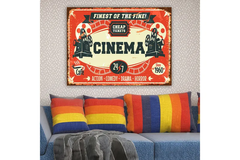 Lerretsbilde 70x100 cm - Vintage plakat som reklamerer for en kino med fokus på film og underholdning - Rød / Svart / Beige - Innredning - Bilder & kunst - Lerretsbilder