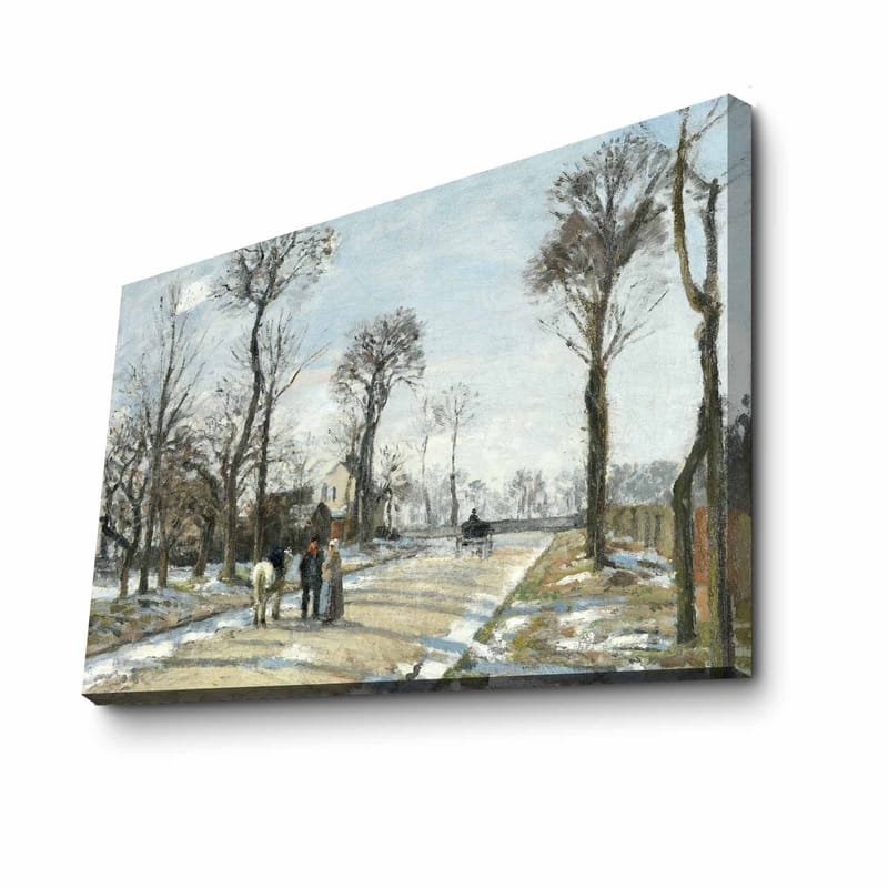 Lerretsbilde 70x100 cm - Vinterlandskap med folk som går langs en snødekt vei omgitt av trær, Grå / Hvit / Brun