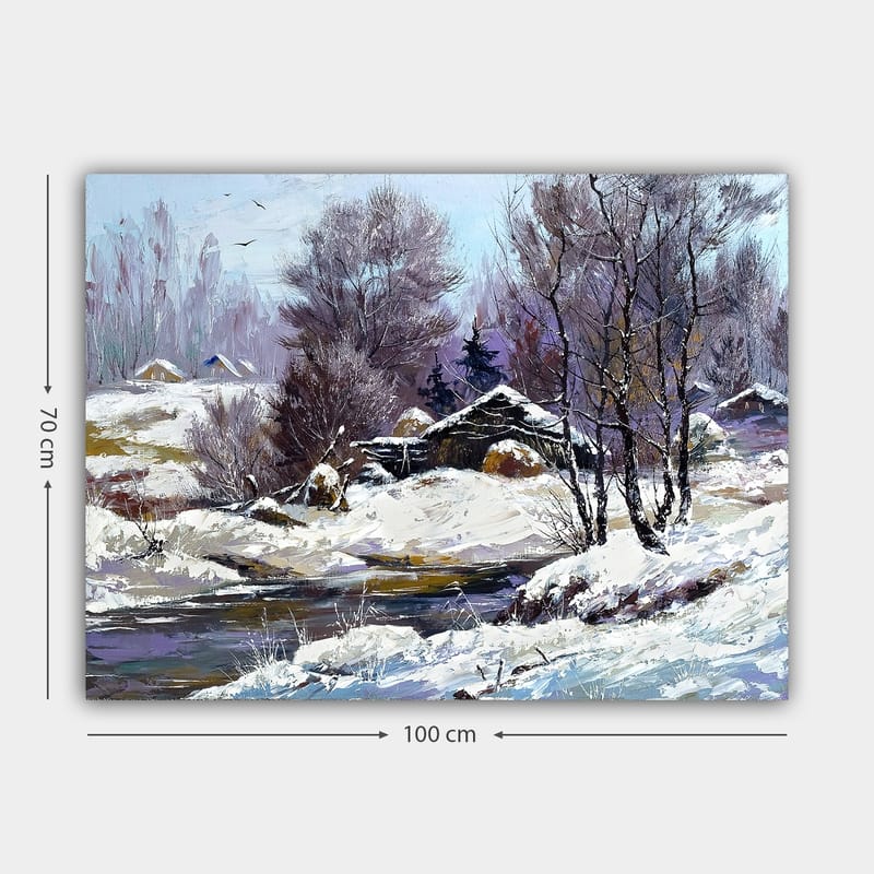 Lerretsbilde 70x100 cm - Vinterlandskap med snødekte trær og en gammel hytte ved en stille bekk - Hvit / Lys blå / Mørk lilla - Innredning - Bilder & kunst - Lerretsbilder