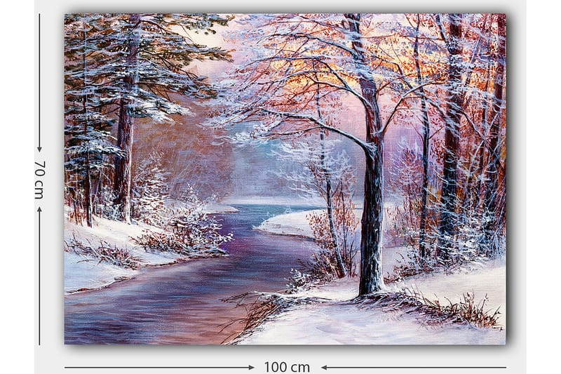 Lerretsbilde 70x100 cm - Vinterlandskap med snødekte trær og en speilblank elv - Hvit / Lys blå / Lys rosa - Innredning - Bilder & kunst - Lerretsbilder