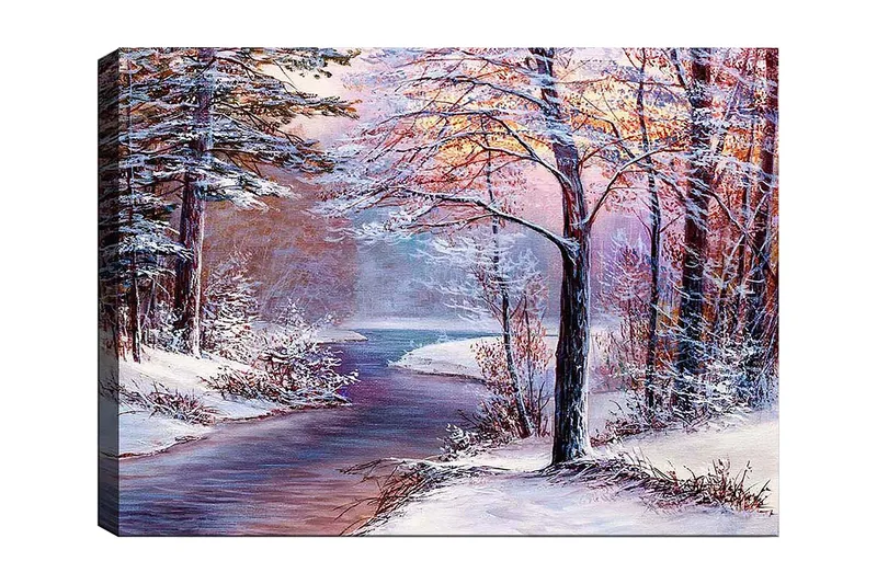 Lerretsbilde 70x100 cm - Vinterlandskap med snødekte trær og en speilblank elv, Hvit / Lys blå / Lys rosa