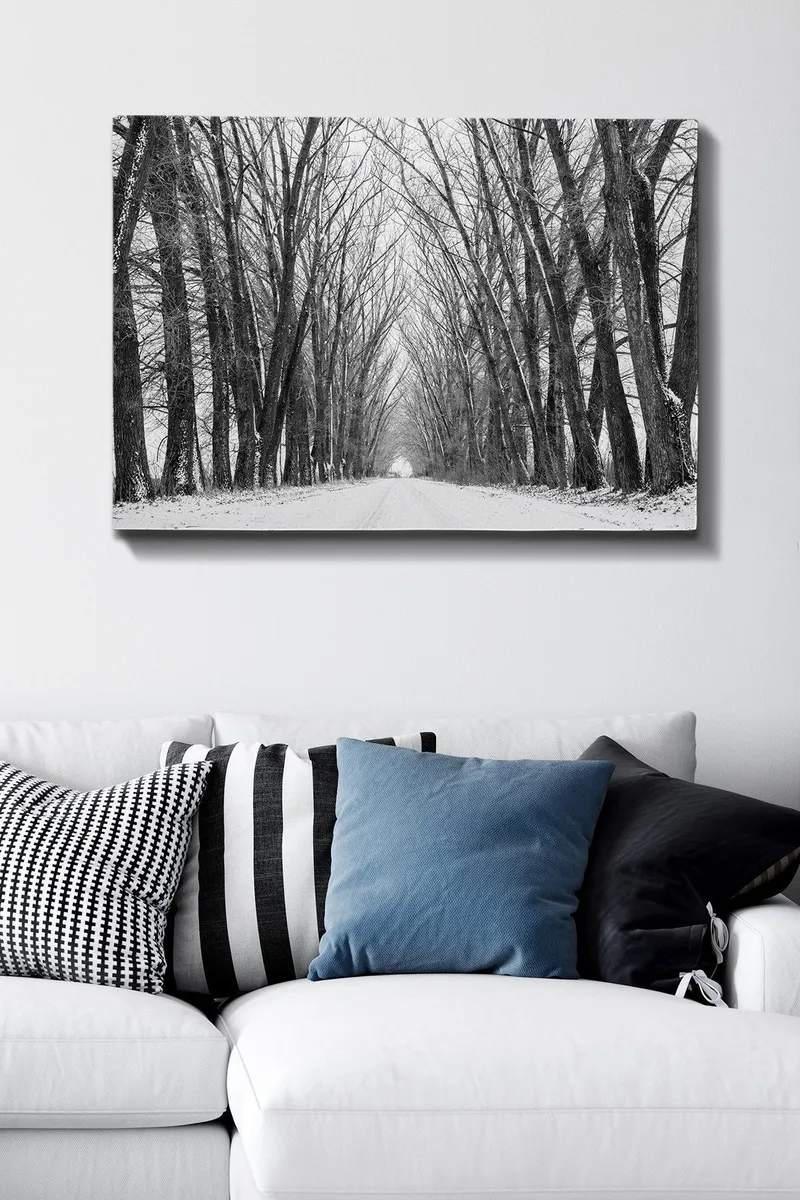 Lerretsbilde 70x100 cm - Vintervei omgitt av nakne trær som skaper en stemningsfull og fredelig atmosfære - Svart / Hvit / Grå - Innredning - Bilder & kunst - Lerretsbilder