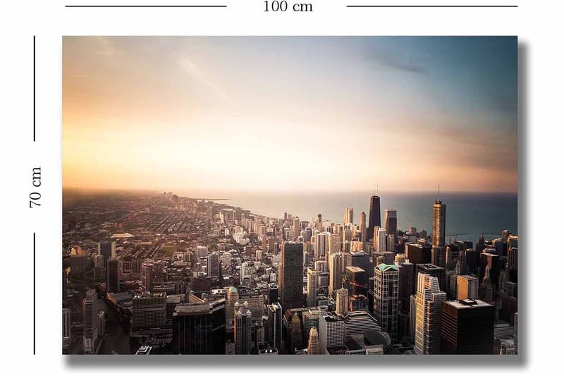 Lerretsbilde 70x100 cm - Panoramautsikt over en by med høye skyskrapere og en solnedgang som skaper en dramatisk atmosfære - Blå / Oransje / Grå - Innredning - Bilder & kunst - Lerretsbilder