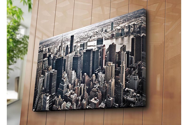 Lerretsbilde 70x100 cm - Panoramautsikt over en by med høye skyskrapere og et livlig bybilde - Svart / Grå / Hvit - Innredning - Bilder & kunst - Lerretsbilder