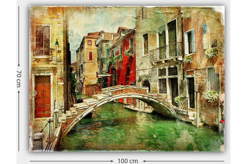 Lerretsbilde 70x100 cm - Pittoresk kanal med en bro omgitt av fargerike bygninger i Venezia - Rød / Grønn / Beige - Innredning - Bilder & kunst - Lerretsbilder