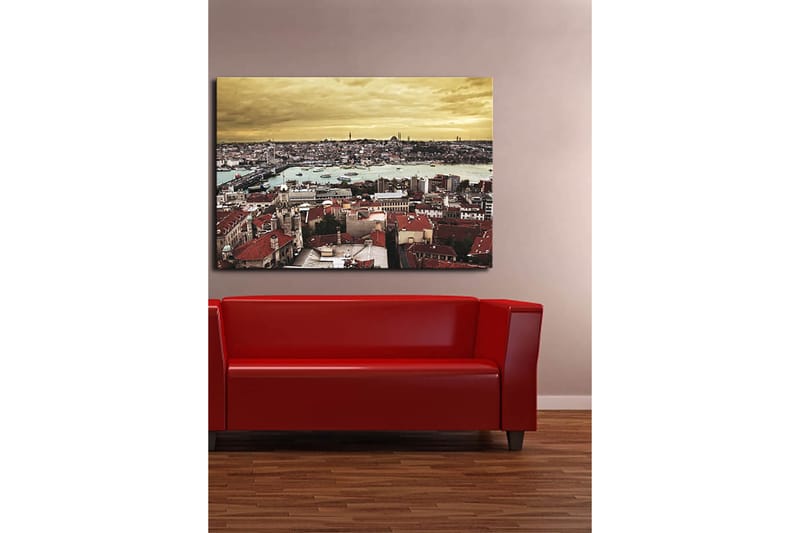 Lerretsbilde 70x100 cm - Panoramautsikt over Istanbul med tegltak og en glitrende vannoverflate - Rød / Turkis / Gull - Innredning - Bilder & kunst - Lerretsbilder