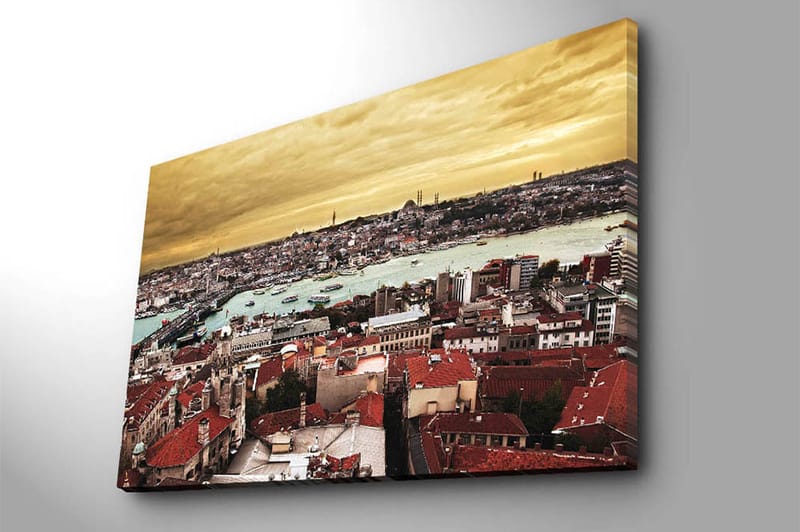 Lerretsbilde 70x100 cm - Panoramautsikt over Istanbul med tegltak og en glitrende vannoverflate - Rød / Turkis / Gull - Innredning - Bilder & kunst - Lerretsbilder