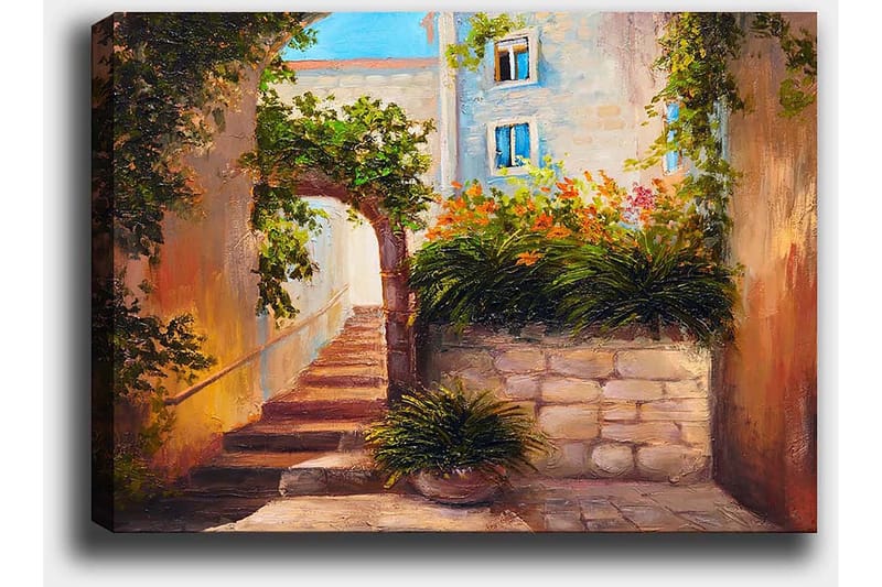 Lerretsbilde 70x100 cm - Pittoresk smug med trapper omgitt av grøntområder og blomster - Grønn / Beige / Oransje - Innredning - Bilder & kunst - Lerretsbilder