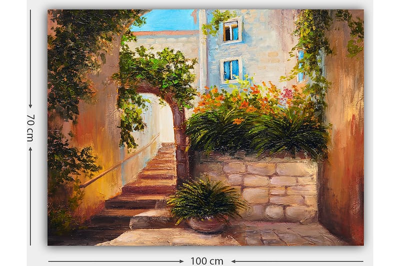 Lerretsbilde 70x100 cm - Pittoresk smug med trapper omgitt av grøntområder og blomster - Grønn / Beige / Oransje - Innredning - Bilder & kunst - Lerretsbilder