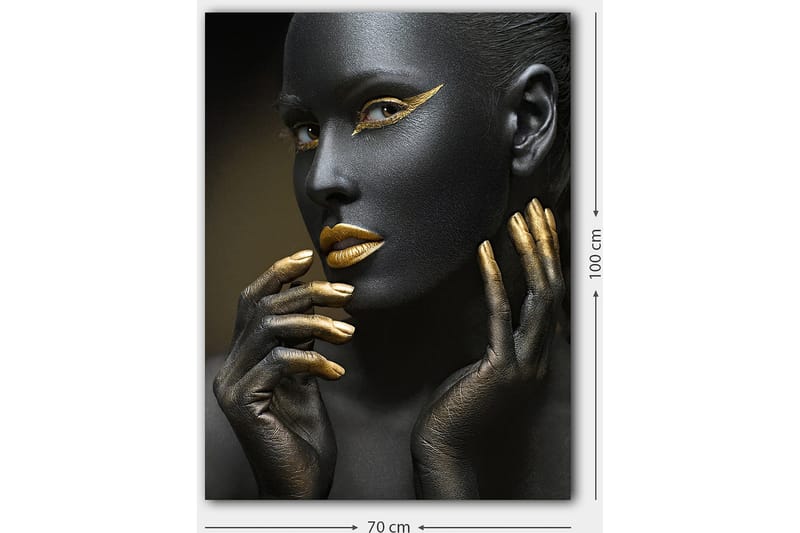 Lerretsbilde 70x100 cm - Portrett av en kvinne med svart ansiktsmaling og gylne detaljer - Svart / Gull - Innredning - Bilder & kunst - Lerretsbilder