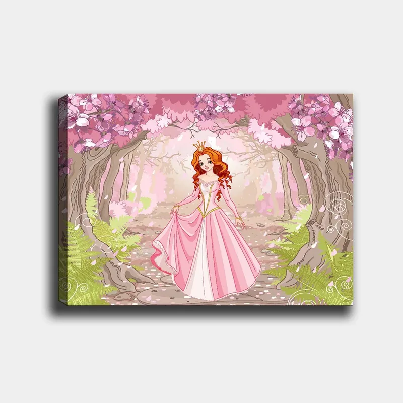Lerretsbilde 70x100 cm - Prinsesse i rosa kjole som går gjennom en blomstrende skog, Rosa / Grønn / Brun