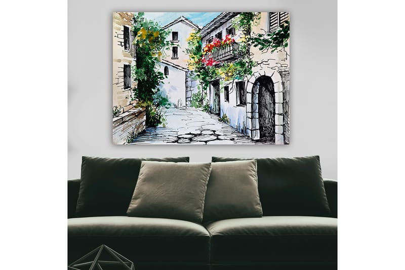 Lerretsbilde 70x100 cm - Pittoresk smug med sjarmerende hus og blomstrende balkonger - Grønn / Beige / Rød - Innredning - Bilder & kunst - Lerretsbilder