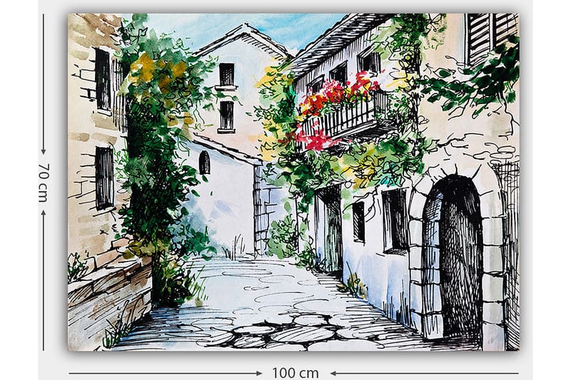 Lerretsbilde 70x100 cm - Pittoresk smug med sjarmerende hus og blomstrende balkonger - Grønn / Beige / Rød - Innredning - Bilder & kunst - Lerretsbilder