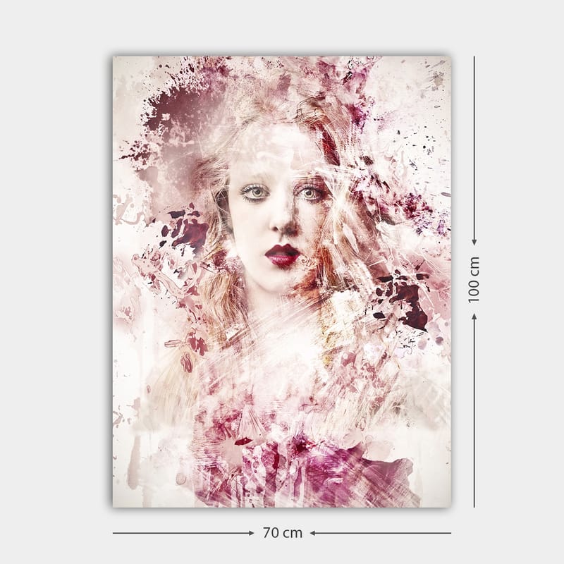 Lerretsbilde 70x100 cm - Portrett av en kvinne med dramatiske fargetoner og abstrakte elementer - Dyp rød / Lys rosa / Hvit - Innredning - Bilder & kunst - Lerretsbilder